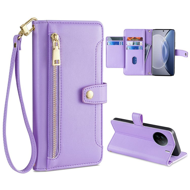 For vivo X90 5G PU Leather Stand Case Zipper Pocket Card Slots Well-protected Flip Phone Cover with Wrist Strap and Shoulder Strap - Purple