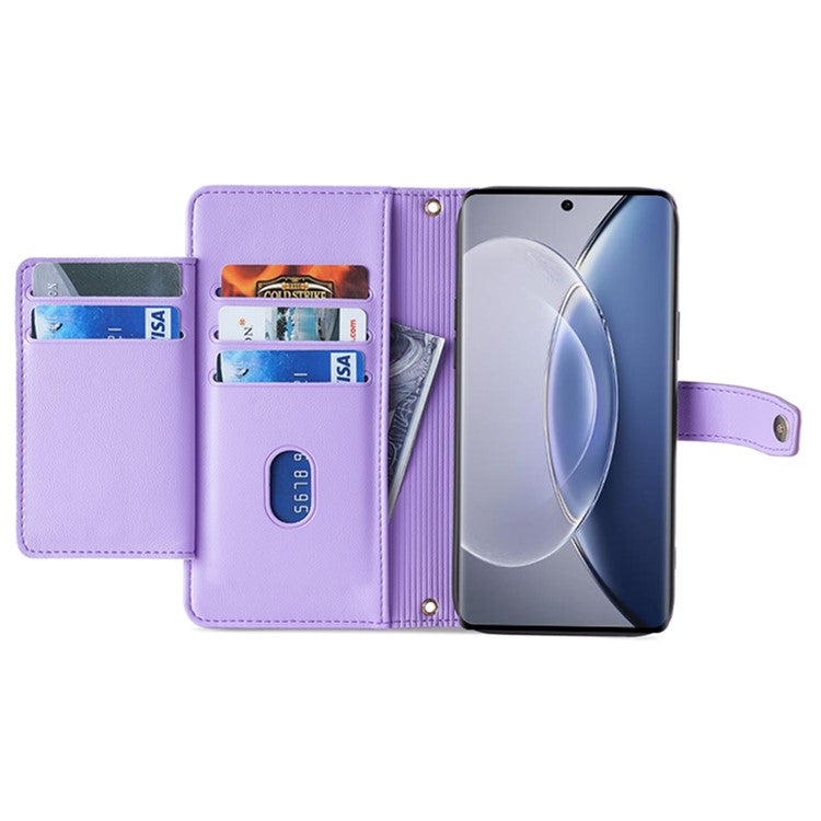 For vivo X90 5G PU Leather Stand Case Zipper Pocket Card Slots Well-protected Flip Phone Cover with Wrist Strap and Shoulder Strap - Purple