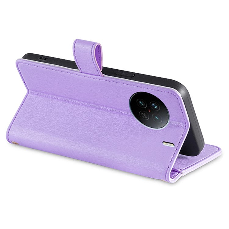 For vivo X90 5G PU Leather Stand Case Zipper Pocket Card Slots Well-protected Flip Phone Cover with Wrist Strap and Shoulder Strap - Purple