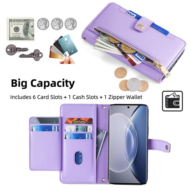 For vivo X90 5G PU Leather Stand Case Zipper Pocket Card Slots Well-protected Flip Phone Cover with Wrist Strap and Shoulder Strap - Purple