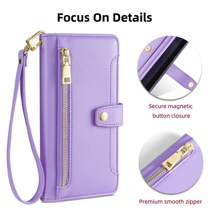 For vivo X90 5G PU Leather Stand Case Zipper Pocket Card Slots Well-protected Flip Phone Cover with Wrist Strap and Shoulder Strap - Purple