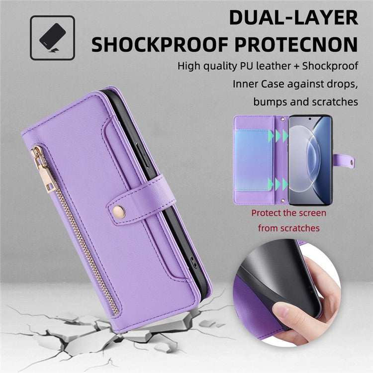 For vivo X90 5G PU Leather Stand Case Zipper Pocket Card Slots Well-protected Flip Phone Cover with Wrist Strap and Shoulder Strap - Purple