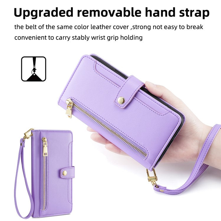 For vivo X90 5G PU Leather Stand Case Zipper Pocket Card Slots Well-protected Flip Phone Cover with Wrist Strap and Shoulder Strap - Purple