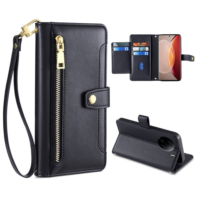 For vivo X90 Pro+ 5G Zipper Pocket Drop Resistant PU Leather Stand Case Card Slots Flip Phone Cover with Wrist Strap and Shoulder Strap - Black