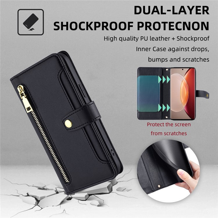 For vivo X90 Pro+ 5G Zipper Pocket Drop Resistant PU Leather Stand Case Card Slots Flip Phone Cover with Wrist Strap and Shoulder Strap - Black