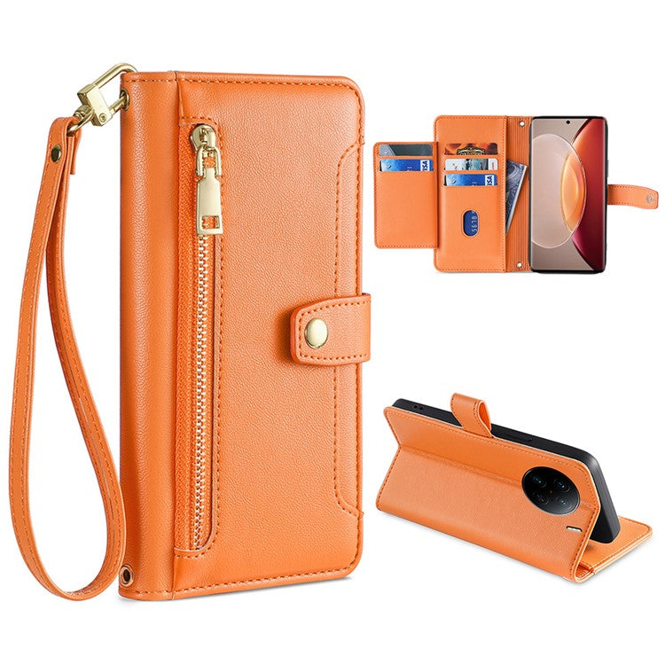 For vivo X90 Pro+ 5G Zipper Pocket Drop Resistant PU Leather Stand Case Card Slots Flip Phone Cover with Wrist Strap and Shoulder Strap - Orange