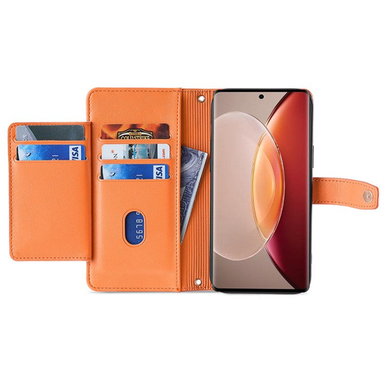 For vivo X90 Pro+ 5G Zipper Pocket Drop Resistant PU Leather Stand Case Card Slots Flip Phone Cover with Wrist Strap and Shoulder Strap - Orange