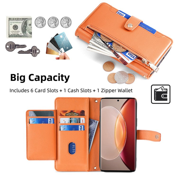 For vivo X90 Pro+ 5G Zipper Pocket Drop Resistant PU Leather Stand Case Card Slots Flip Phone Cover with Wrist Strap and Shoulder Strap - Orange