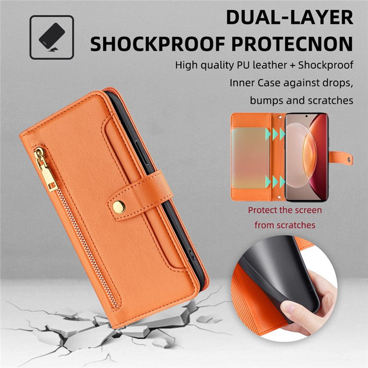 For vivo X90 Pro+ 5G Zipper Pocket Drop Resistant PU Leather Stand Case Card Slots Flip Phone Cover with Wrist Strap and Shoulder Strap - Orange