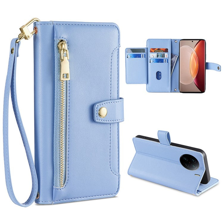 For vivo X90 Pro+ 5G Zipper Pocket Drop Resistant PU Leather Stand Case Card Slots Flip Phone Cover with Wrist Strap and Shoulder Strap - Blue