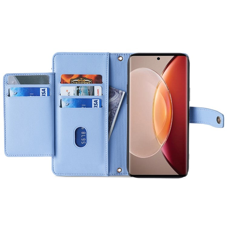 For vivo X90 Pro+ 5G Zipper Pocket Drop Resistant PU Leather Stand Case Card Slots Flip Phone Cover with Wrist Strap and Shoulder Strap - Blue