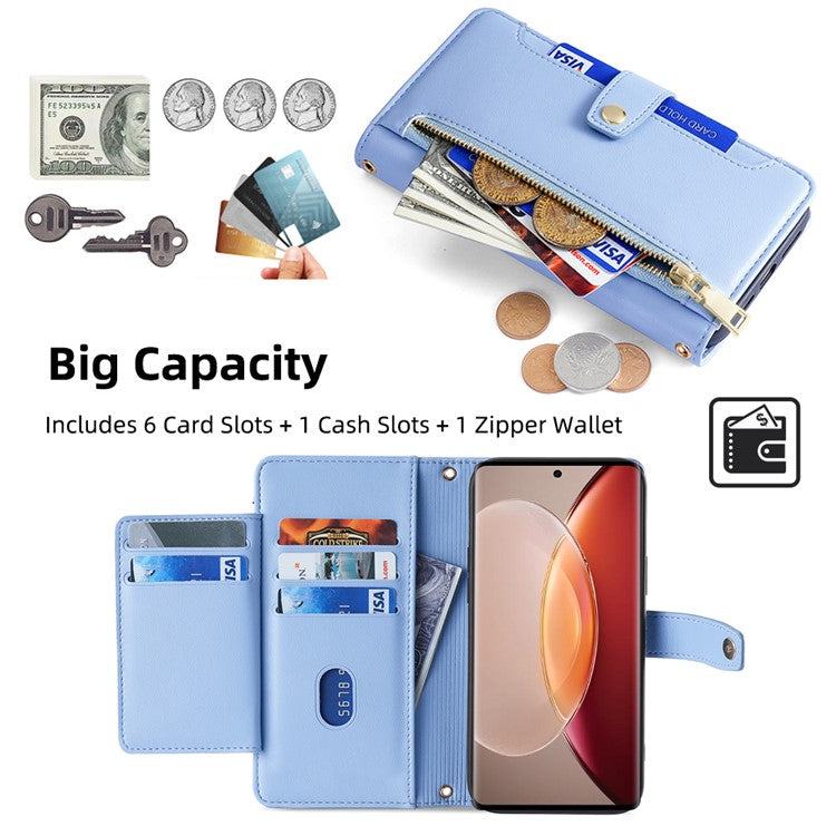 For vivo X90 Pro+ 5G Zipper Pocket Drop Resistant PU Leather Stand Case Card Slots Flip Phone Cover with Wrist Strap and Shoulder Strap - Blue