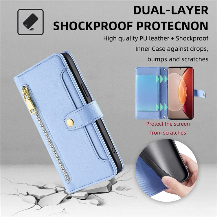 For vivo X90 Pro+ 5G Zipper Pocket Drop Resistant PU Leather Stand Case Card Slots Flip Phone Cover with Wrist Strap and Shoulder Strap - Blue