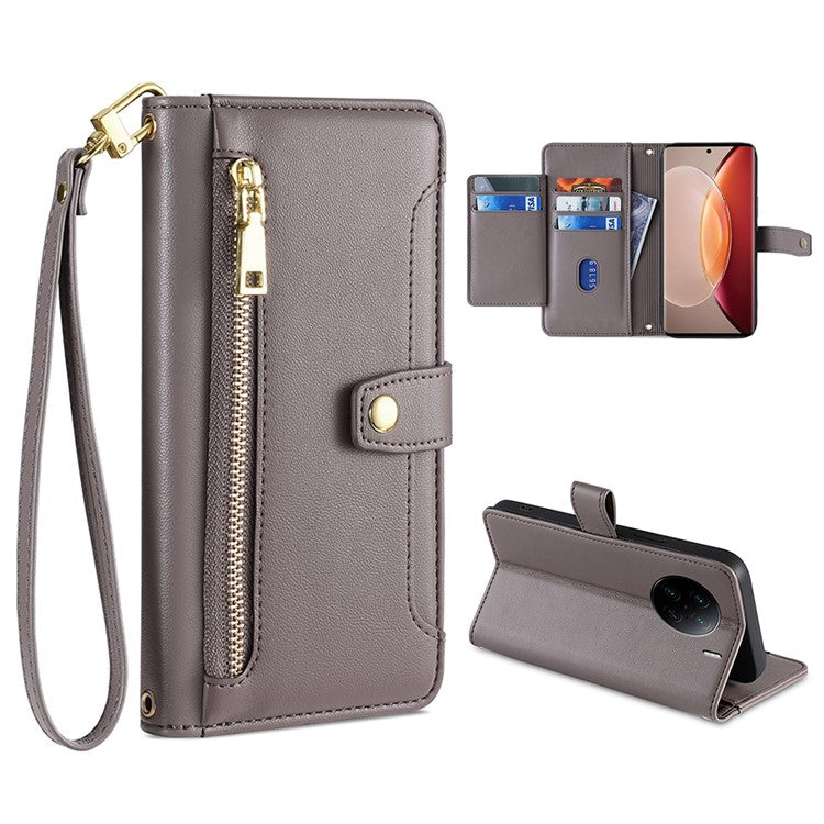 For vivo X90 Pro+ 5G Zipper Pocket Drop Resistant PU Leather Stand Case Card Slots Flip Phone Cover with Wrist Strap and Shoulder Strap - Grey