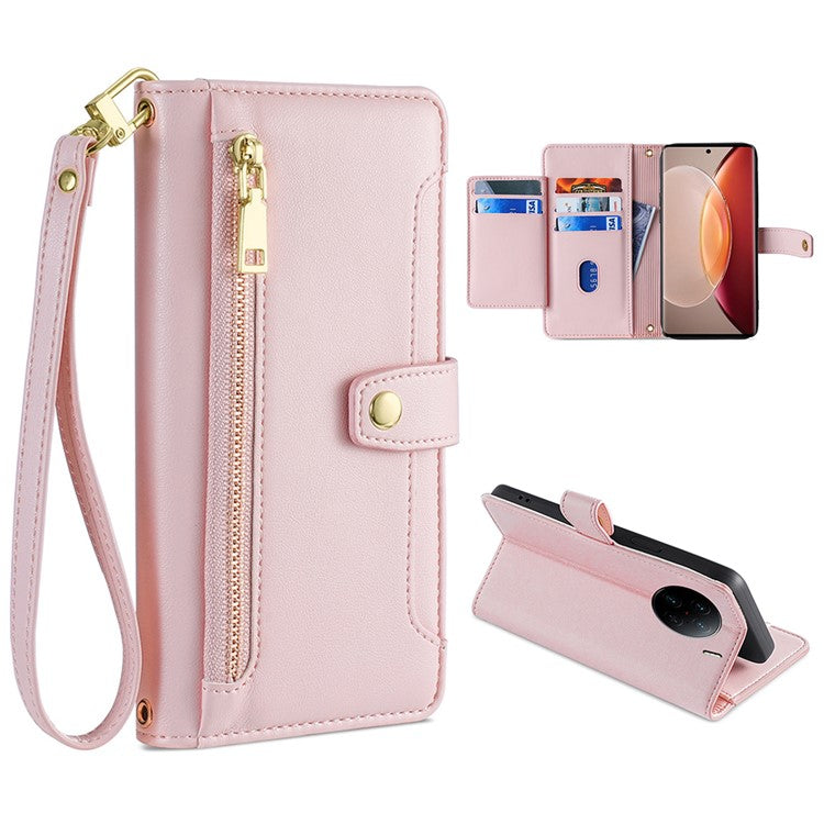 For vivo X90 Pro+ 5G Zipper Pocket Drop Resistant PU Leather Stand Case Card Slots Flip Phone Cover with Wrist Strap and Shoulder Strap - Pink