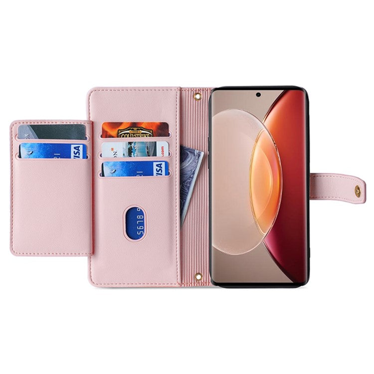 For vivo X90 Pro+ 5G Zipper Pocket Drop Resistant PU Leather Stand Case Card Slots Flip Phone Cover with Wrist Strap and Shoulder Strap - Pink