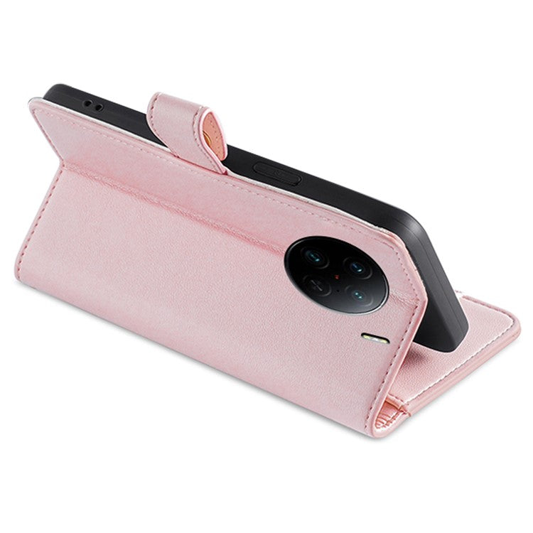 For vivo X90 Pro+ 5G Zipper Pocket Drop Resistant PU Leather Stand Case Card Slots Flip Phone Cover with Wrist Strap and Shoulder Strap - Pink