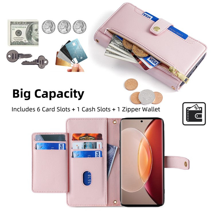 For vivo X90 Pro+ 5G Zipper Pocket Drop Resistant PU Leather Stand Case Card Slots Flip Phone Cover with Wrist Strap and Shoulder Strap - Pink