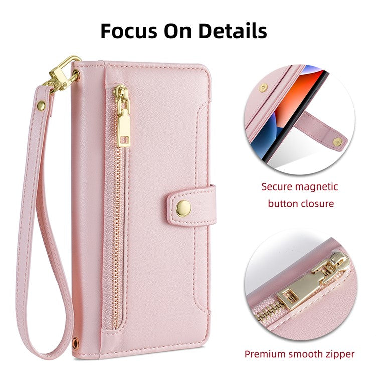 For vivo X90 Pro+ 5G Zipper Pocket Drop Resistant PU Leather Stand Case Card Slots Flip Phone Cover with Wrist Strap and Shoulder Strap - Pink