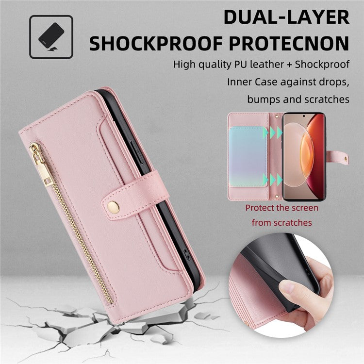 For vivo X90 Pro+ 5G Zipper Pocket Drop Resistant PU Leather Stand Case Card Slots Flip Phone Cover with Wrist Strap and Shoulder Strap - Pink