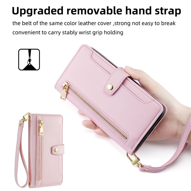 For vivo X90 Pro+ 5G Zipper Pocket Drop Resistant PU Leather Stand Case Card Slots Flip Phone Cover with Wrist Strap and Shoulder Strap - Pink