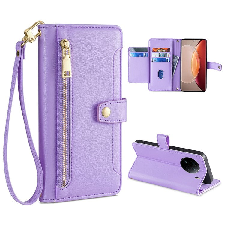 For vivo X90 Pro+ 5G Zipper Pocket Drop Resistant PU Leather Stand Case Card Slots Flip Phone Cover with Wrist Strap and Shoulder Strap - Purple