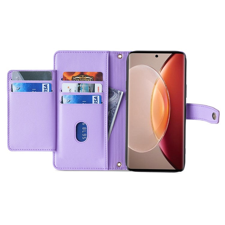 For vivo X90 Pro+ 5G Zipper Pocket Drop Resistant PU Leather Stand Case Card Slots Flip Phone Cover with Wrist Strap and Shoulder Strap - Purple