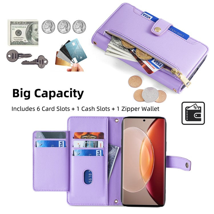 For vivo X90 Pro+ 5G Zipper Pocket Drop Resistant PU Leather Stand Case Card Slots Flip Phone Cover with Wrist Strap and Shoulder Strap - Purple