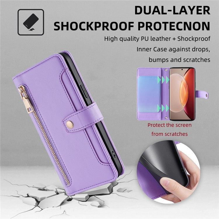 For vivo X90 Pro+ 5G Zipper Pocket Drop Resistant PU Leather Stand Case Card Slots Flip Phone Cover with Wrist Strap and Shoulder Strap - Purple