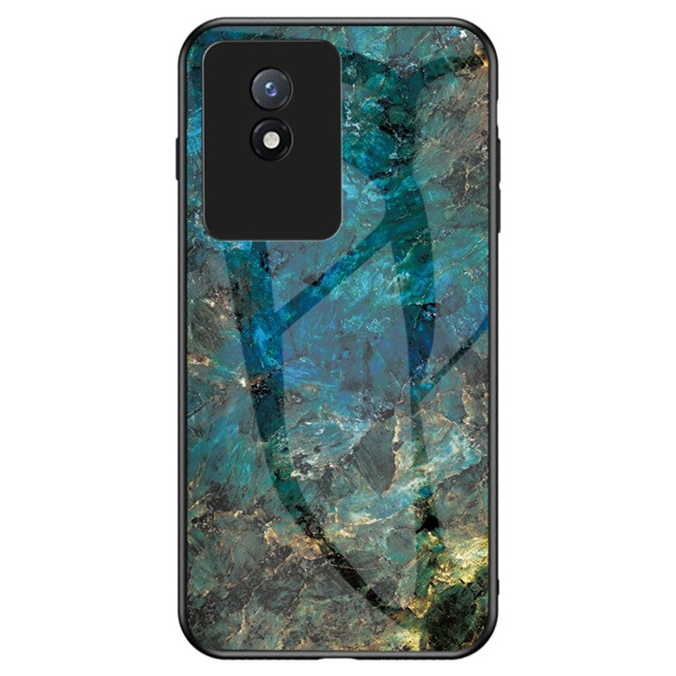 For vivo Y02 4G Marble Pattern Printing Tempered Glass Phone Back Cover PC + TPU Anti-fall Smartphone Case - Emerald Marble