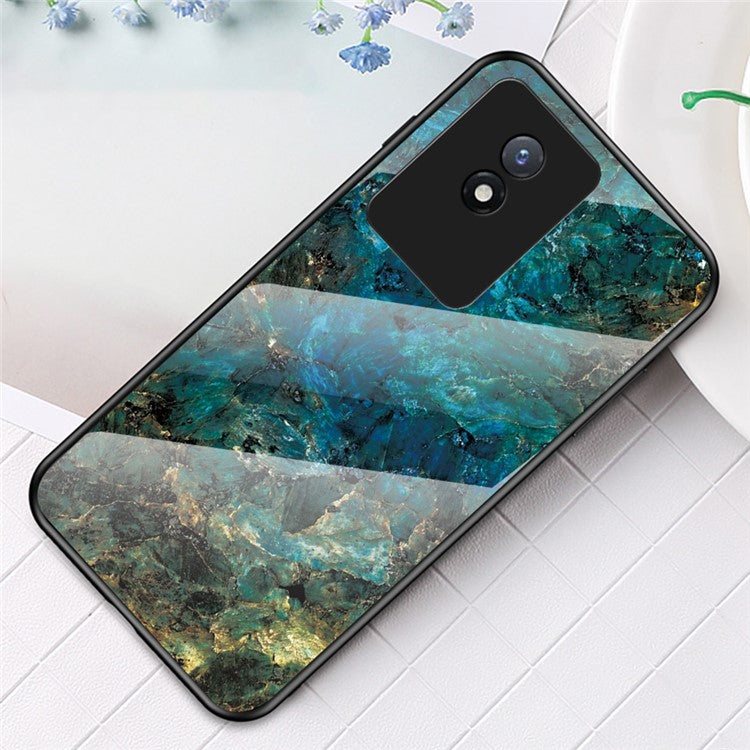 For vivo Y02 4G Marble Pattern Printing Tempered Glass Phone Back Cover PC + TPU Anti-fall Smartphone Case - Emerald Marble