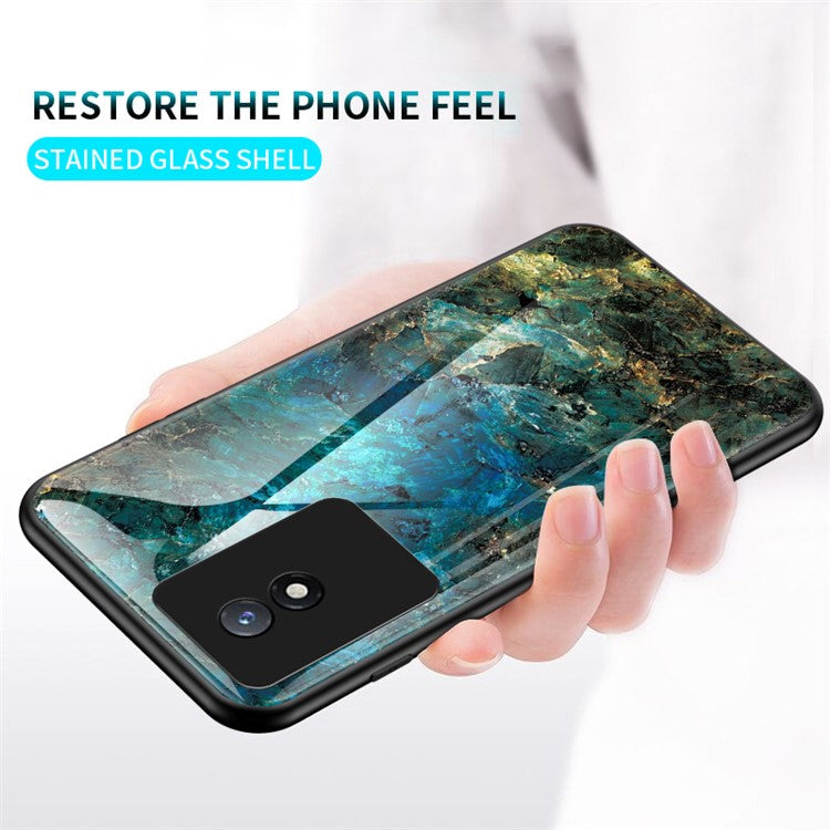 For vivo Y02 4G Marble Pattern Printing Tempered Glass Phone Back Cover PC + TPU Anti-fall Smartphone Case - Emerald Marble