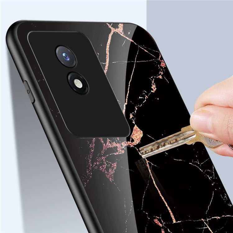 For vivo Y02 4G Marble Pattern Printing Tempered Glass Phone Back Cover PC + TPU Anti-fall Smartphone Case - Emerald Marble