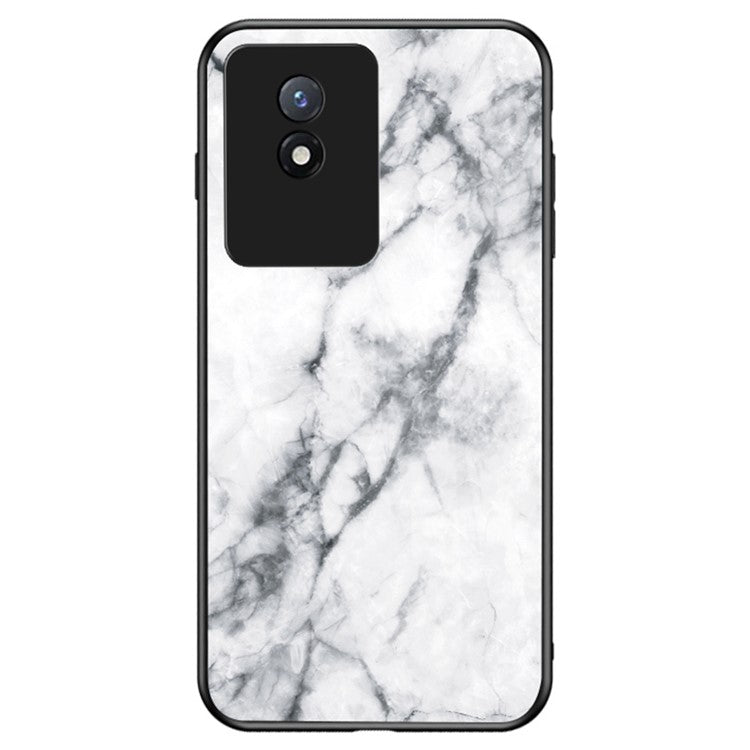 For vivo Y02 4G Marble Pattern Printing Tempered Glass Phone Back Cover PC + TPU Anti-fall Smartphone Case - White Marble