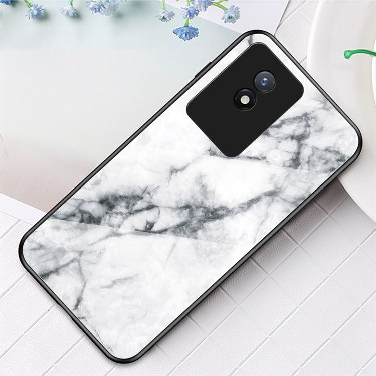 For vivo Y02 4G Marble Pattern Printing Tempered Glass Phone Back Cover PC + TPU Anti-fall Smartphone Case - White Marble