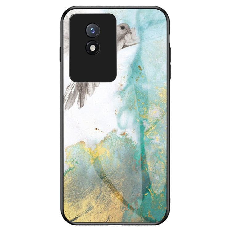 For vivo Y02 4G Marble Pattern Printing Tempered Glass Phone Back Cover PC + TPU Anti-fall Smartphone Case -  Flying Pigeon Marble