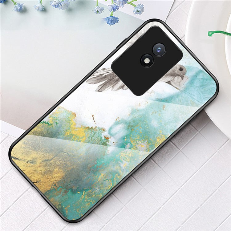 For vivo Y02 4G Marble Pattern Printing Tempered Glass Phone Back Cover PC + TPU Anti-fall Smartphone Case -  Flying Pigeon Marble