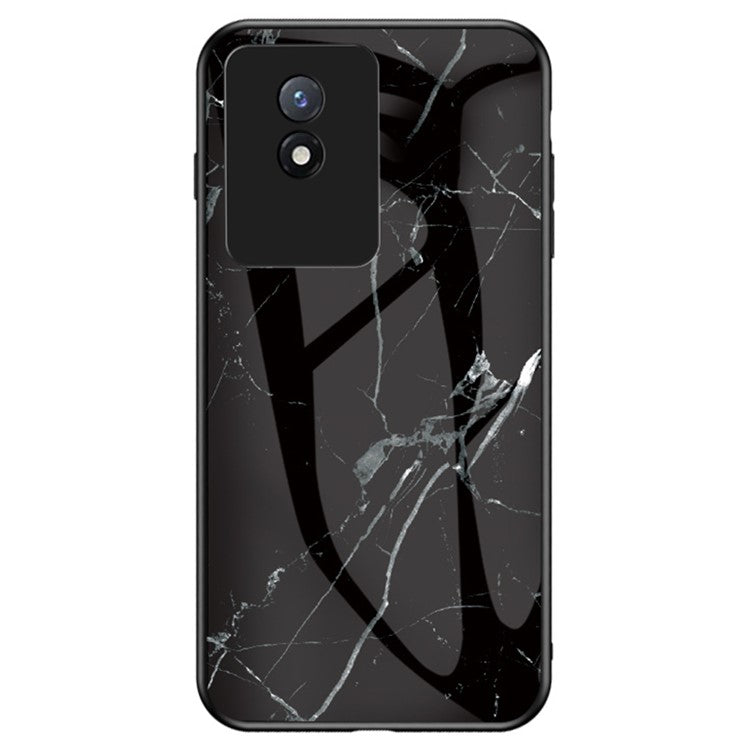 For vivo Y02 4G Marble Pattern Printing Tempered Glass Phone Back Cover PC + TPU Anti-fall Smartphone Case - Black Marble