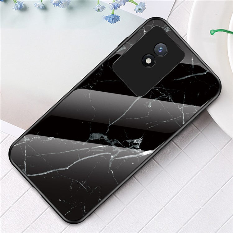 For vivo Y02 4G Marble Pattern Printing Tempered Glass Phone Back Cover PC + TPU Anti-fall Smartphone Case - Black Marble