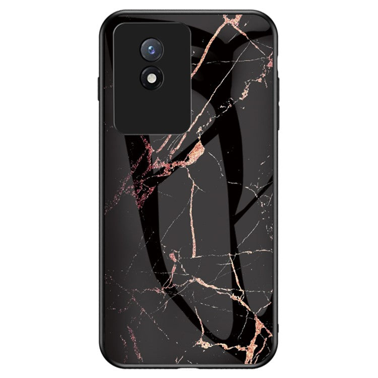 For vivo Y02 4G Marble Pattern Printing Tempered Glass Phone Back Cover PC + TPU Anti-fall Smartphone Case - Gold Black Marble