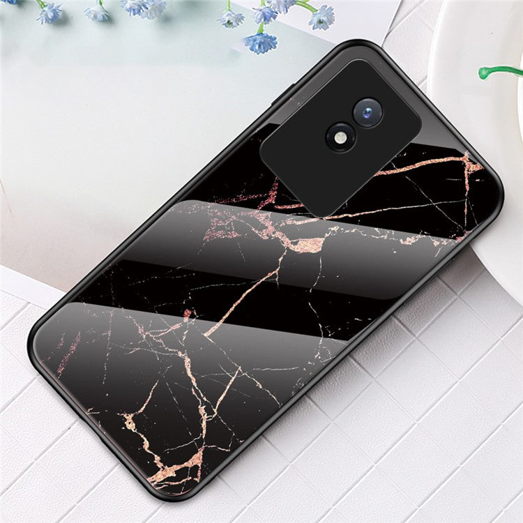 For vivo Y02 4G Marble Pattern Printing Tempered Glass Phone Back Cover PC + TPU Anti-fall Smartphone Case - Gold Black Marble