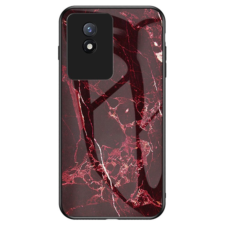 For vivo Y02 4G Marble Pattern Printing Tempered Glass Phone Back Cover PC + TPU Anti-fall Smartphone Case - Blood Red Marble