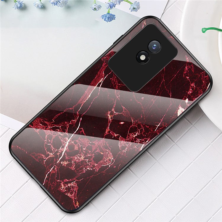 For vivo Y02 4G Marble Pattern Printing Tempered Glass Phone Back Cover PC + TPU Anti-fall Smartphone Case - Blood Red Marble