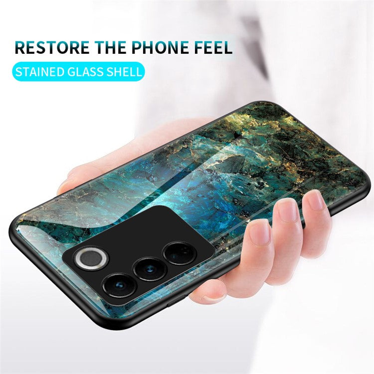 For vivo S16 Marble Pattern Printing Tempered Glass Protective Phone Back Cover Anti-fall PC + TPU Phone Case - Emerald Marble