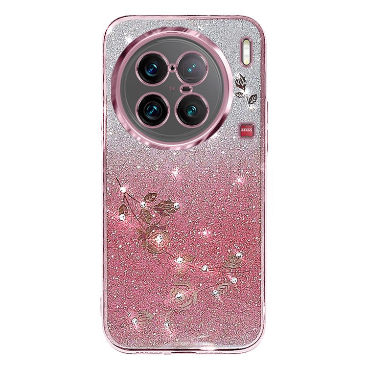 KADEM For vivo X90 Pro+ 5G Rhinestone Decor Flower Pattern Soft TPU Protective Cover Glitter Powder Drop-proof Case - Rose Gold