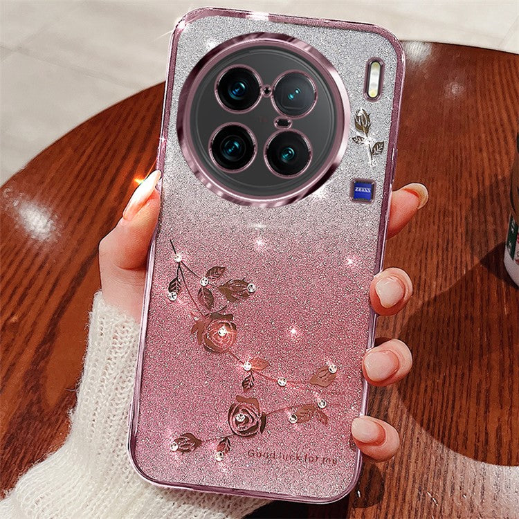 KADEM For vivo X90 Pro+ 5G Rhinestone Decor Flower Pattern Soft TPU Protective Cover Glitter Powder Drop-proof Case - Rose Gold