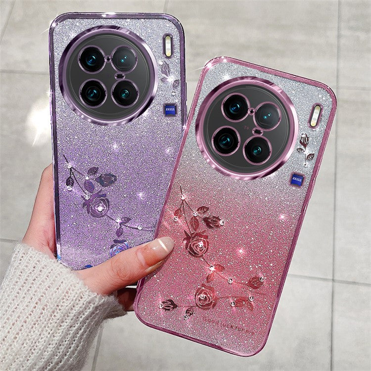 KADEM For vivo X90 Pro+ 5G Rhinestone Decor Flower Pattern Soft TPU Protective Cover Glitter Powder Drop-proof Case - Rose Gold