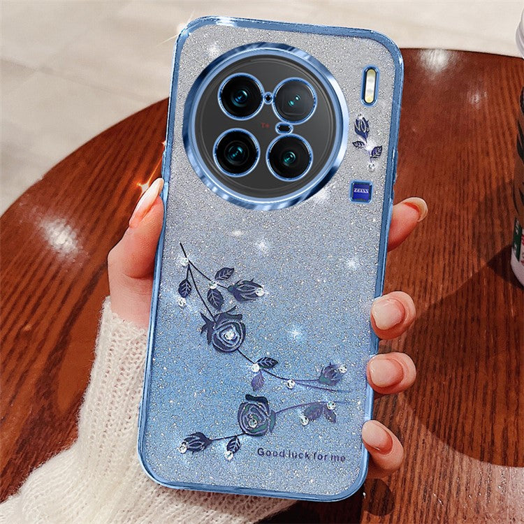 KADEM For vivo X90 Pro+ 5G Rhinestone Decor Flower Pattern Soft TPU Protective Cover Glitter Powder Drop-proof Case - Blue