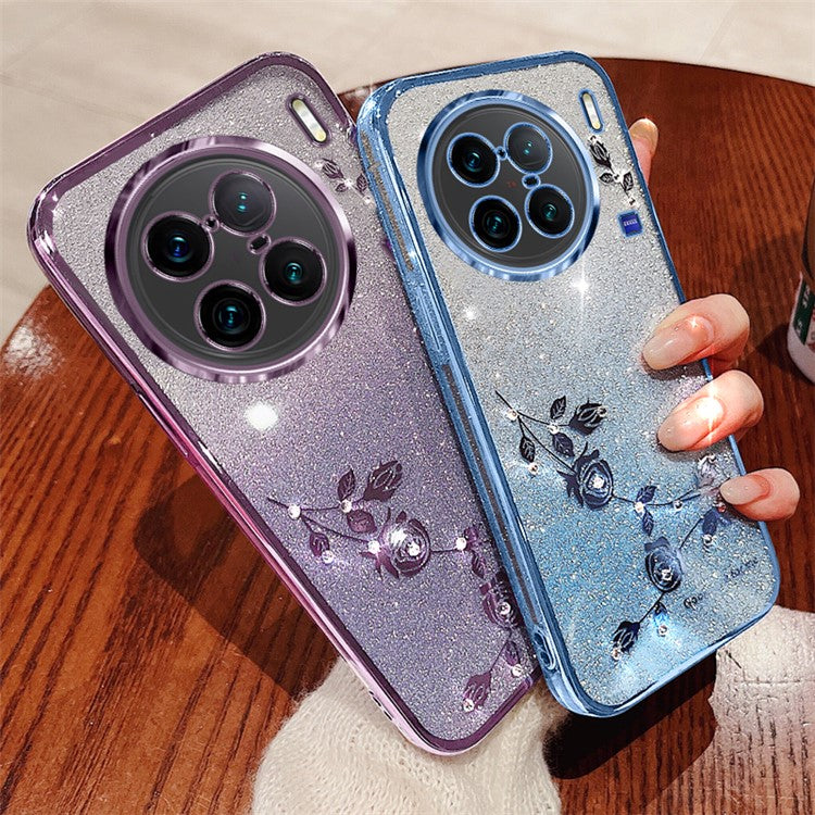 KADEM For vivo X90 Pro+ 5G Rhinestone Decor Flower Pattern Soft TPU Protective Cover Glitter Powder Drop-proof Case - Blue