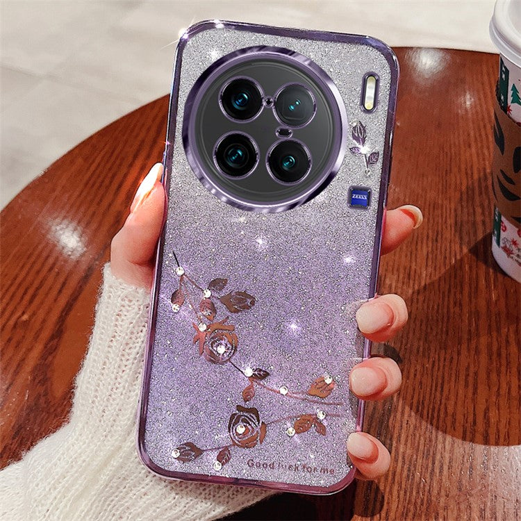 KADEM For vivo X90 Pro+ 5G Rhinestone Decor Flower Pattern Soft TPU Protective Cover Glitter Powder Drop-proof Case - Purple